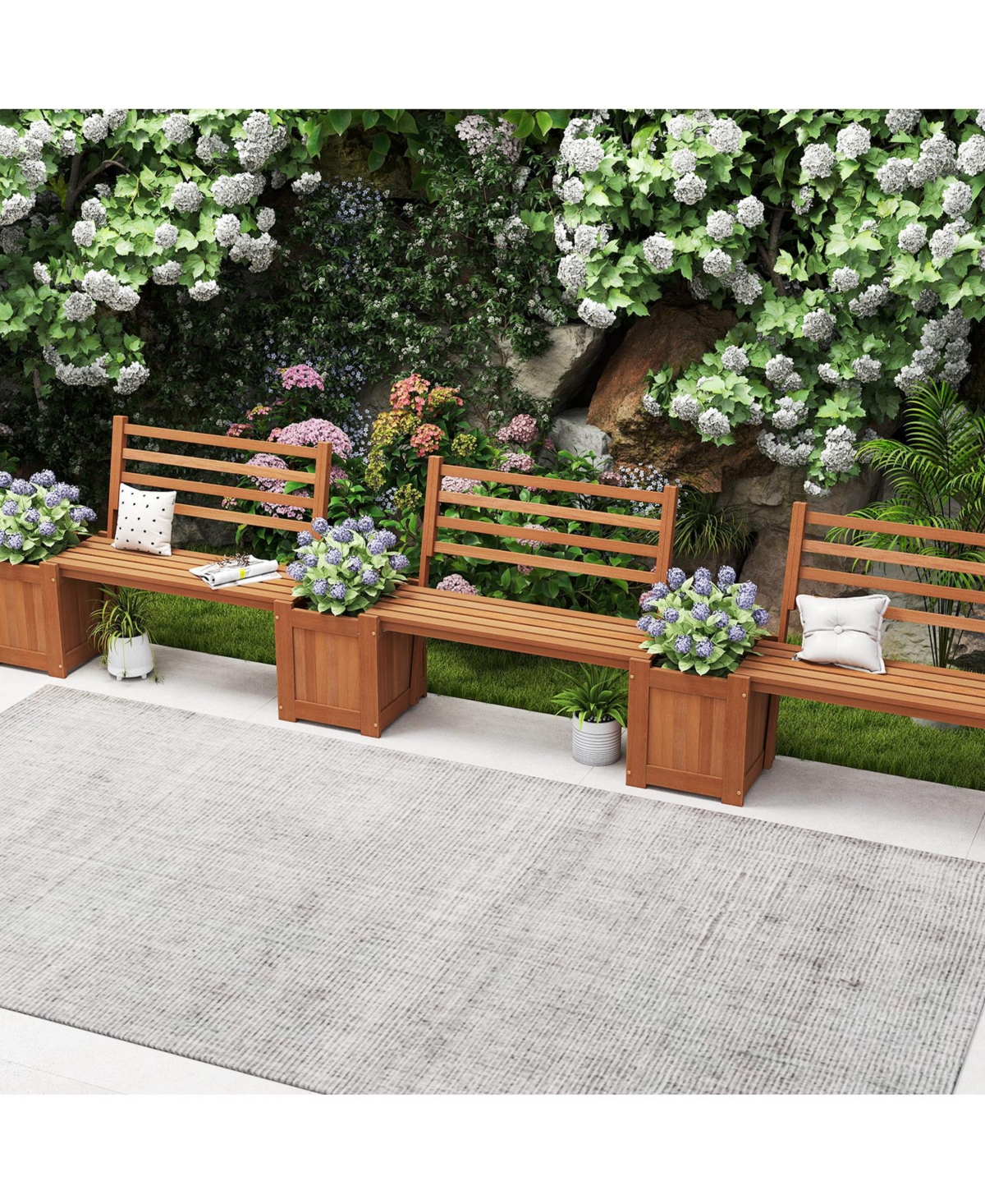 Gouun Hardwood Planter Box with Bench and Backrest, Garden Seating Set