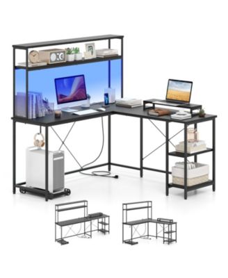 L-Shaped Gaming Desk with LED Lights and Hutch