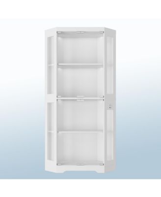 Modern Glass Corner Display Cabinet – 4 Tiers, Glass Doors, 3-Color LED Lighting, Motion Detector, Charging Ports