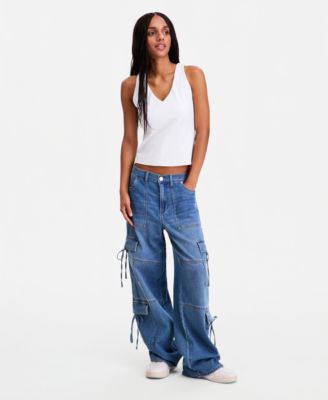 Juniors' Bow Wide-Leg Jeans