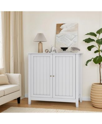 Modern Freestanding White Buffet Cabinet, 2 Door Storage Cabinet with Silver Knobs