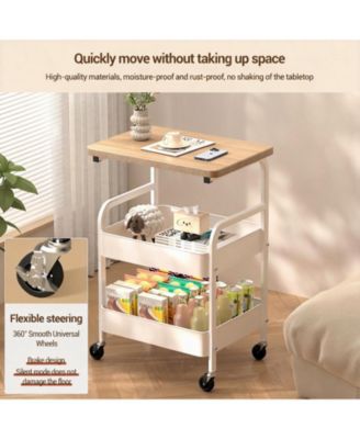 Sturdy 3-Tier Metal Utility Cart with Wooden Tabletop - Lockable Wheels, Multipurpose Storage Shelf