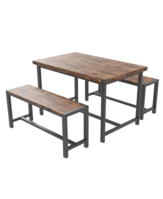 3-Piece Mid-Century Modern Dining Set with 2 Benches