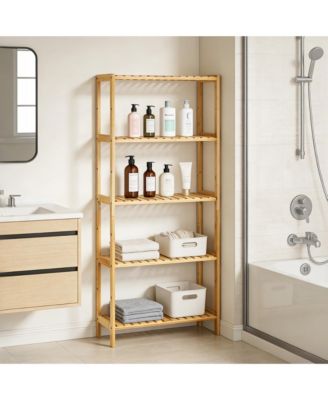 5-Tier Wide Bamboo Shelf Narrow Bathroom Shelf with Slatted Shelves Wood Plant Stand Standing Towel Rack Corner Rack