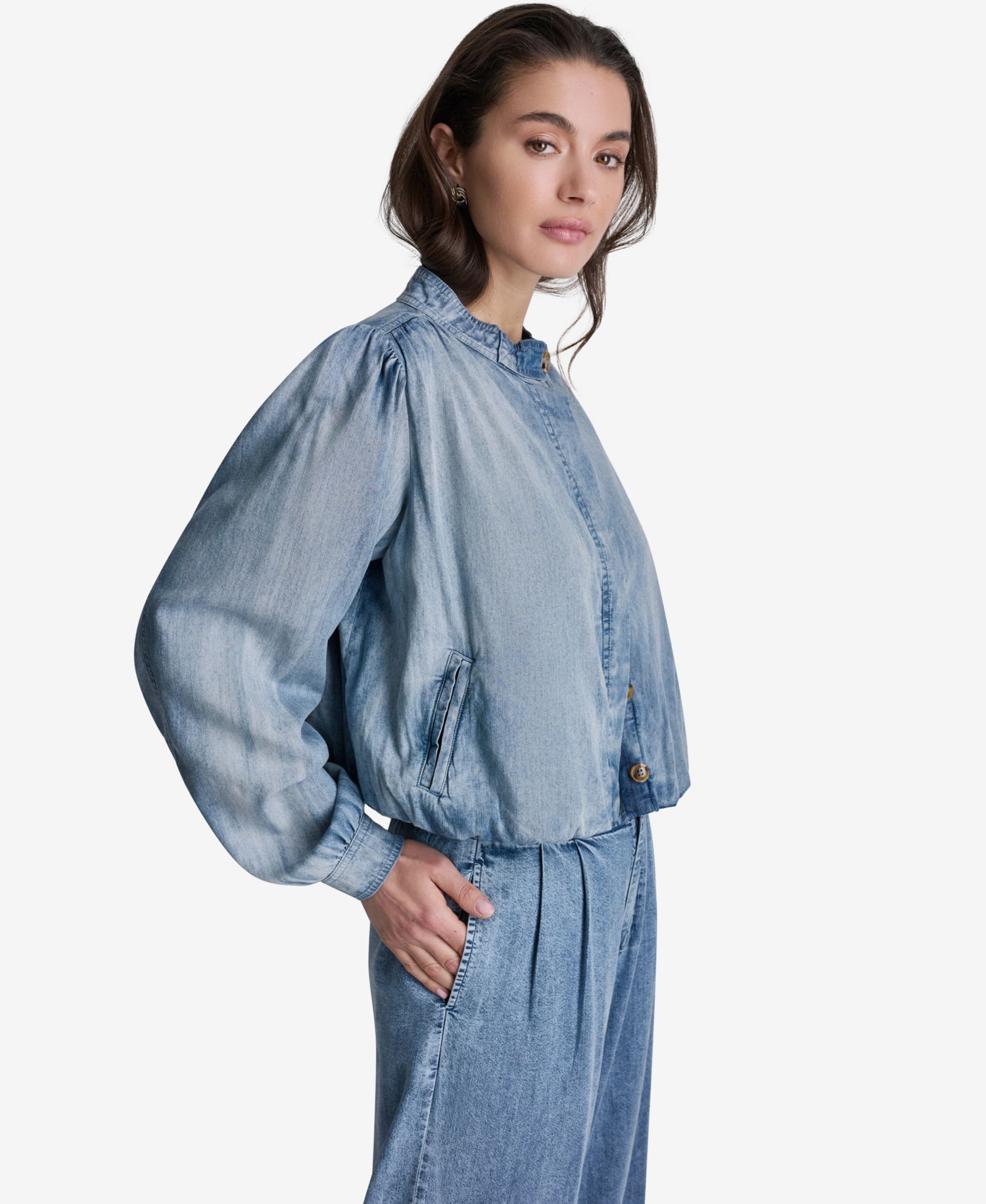 Women's Puff-Sleeve Button-Front Collared Jacket