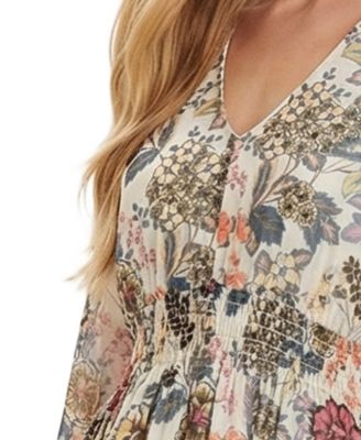 Women's Long-Sleeve Clip Dot Chiffon Dress with Smocked Waist and Cuffs