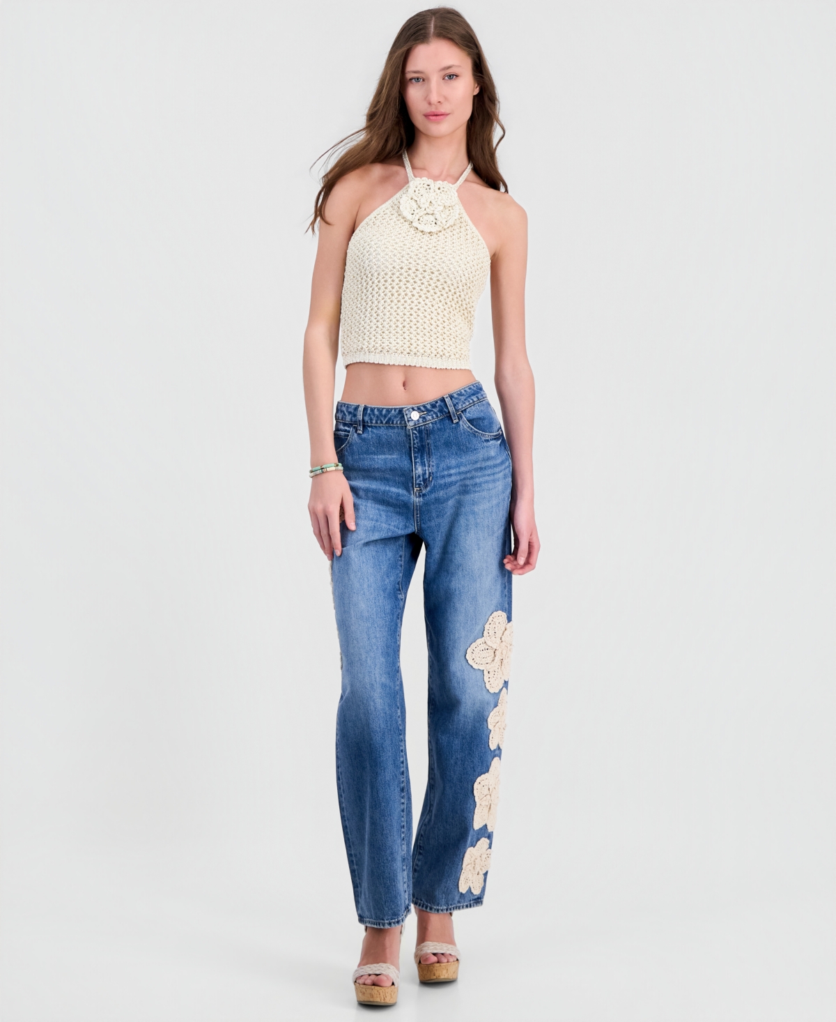 Guess Women's Gaia High Rise Floral Crochet Straight-Leg Jeans