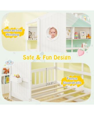 House Bed Kids Bed Frame w/ 2 Storage Drawers & Fence Guardrails