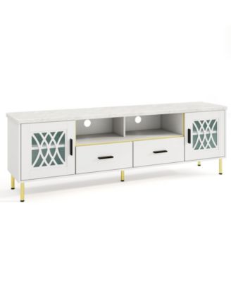 Faux Marble Top 71-Inch TV Stand with Glass Doors and Gold Legs