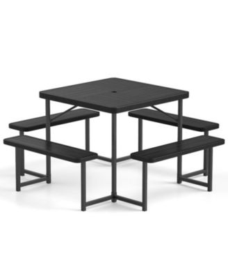 Square Outdoor Picnic Table Bench Set for 4-8 People with HDPE Top and Umbrella Hole