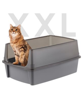 Extra Large Open Top Cat Litter Box with Scatter Shield, Sturdy Open Air Kitty Litter Pan with Tall Spray, Gray