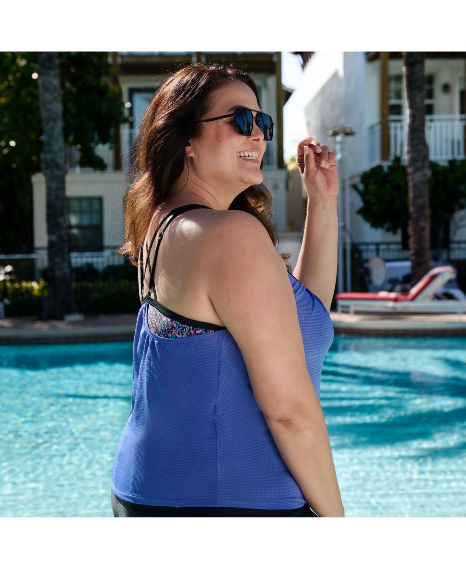 Plus Size Textured Mesh Side Tie Blouson Tankini Top
