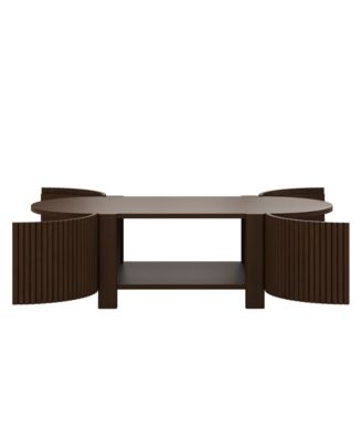 Oval Coffee Table with Storage, Fluted Center Table with Shelves and 2 Open Doors, 47" Mid Century Modern Coffee Table for Living Room