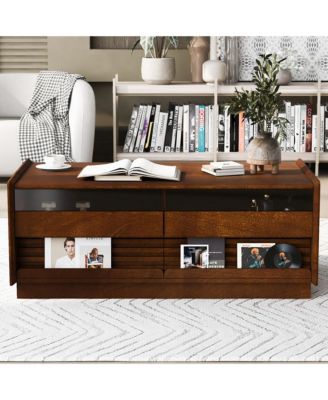 47.2 Inch Modern Wooden Rectangular Coffee Table, Fluted Center Table with 4 Drawers and 2 Open Display Shelves for Living Room