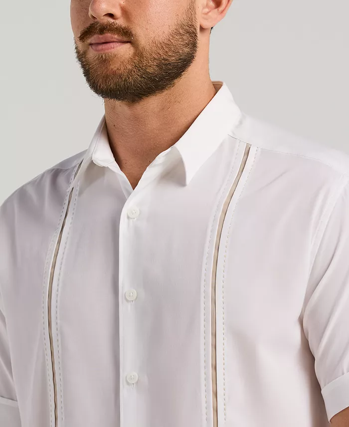 Men's Pick Stitch Panel Short Sleeve Button-Down Shirt - thumbnail 4