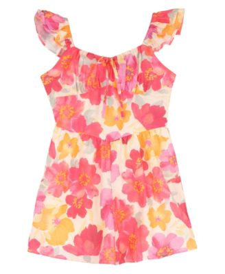 Girls' 7-16 Printed Floral Ruched Bust Flutter Strap Tie Back Dress