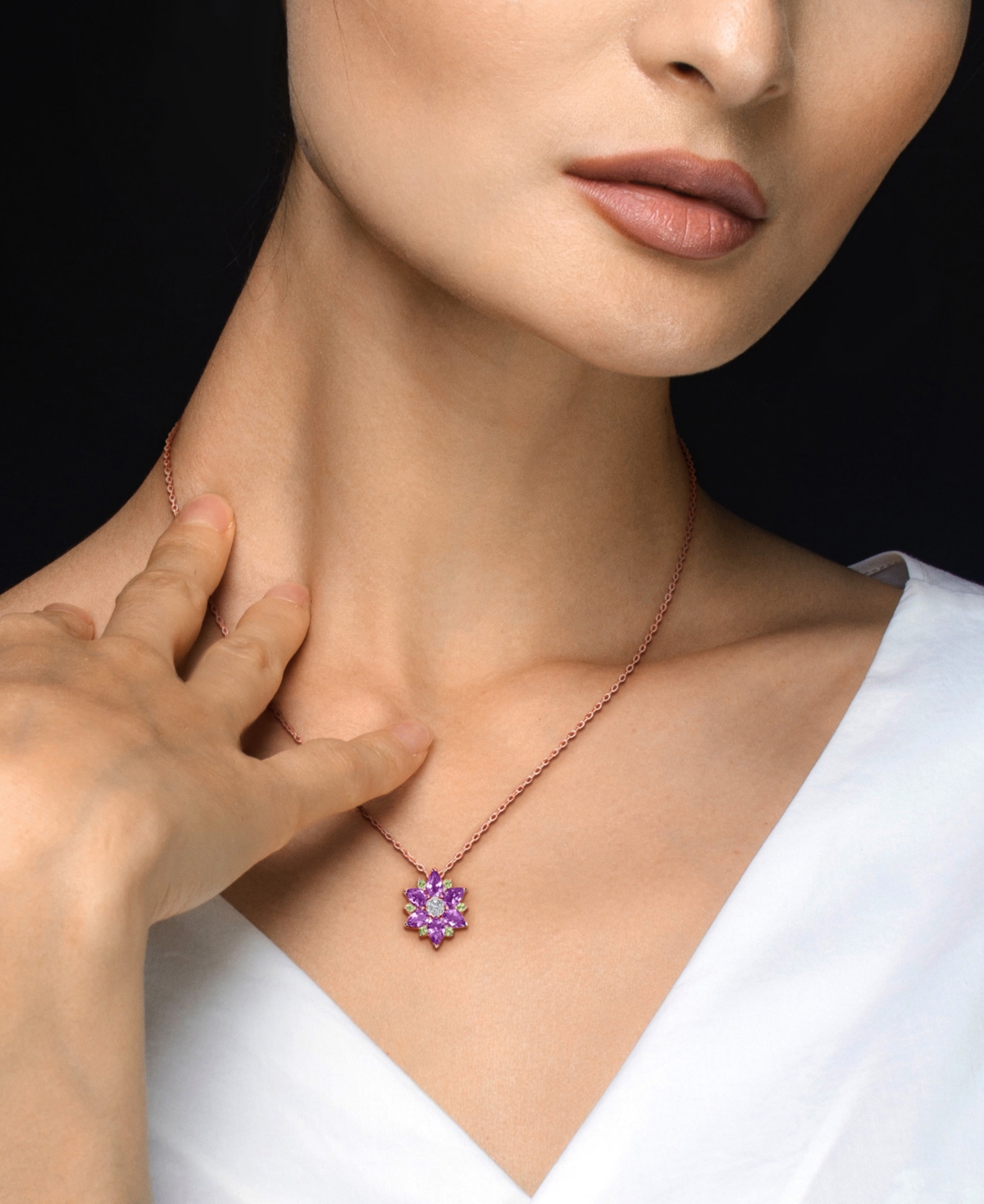 Macy's Amethyst (2-1/10 ct. t.w.), Peridot (1/4 ct. t.w.) & Diamond (0.04 ct. t.w.) Pendant Necklace in 18k Rose Gold Flash Plated Sterling Silver