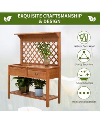 Garden Potting Bench Table Outdoor Wooden Workstation w/ Metal Screen