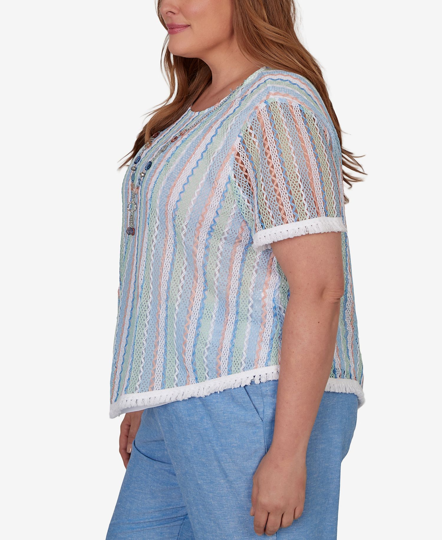 Plus Size Caribbean Blues Textured Stripe T-Shirt with Necklace