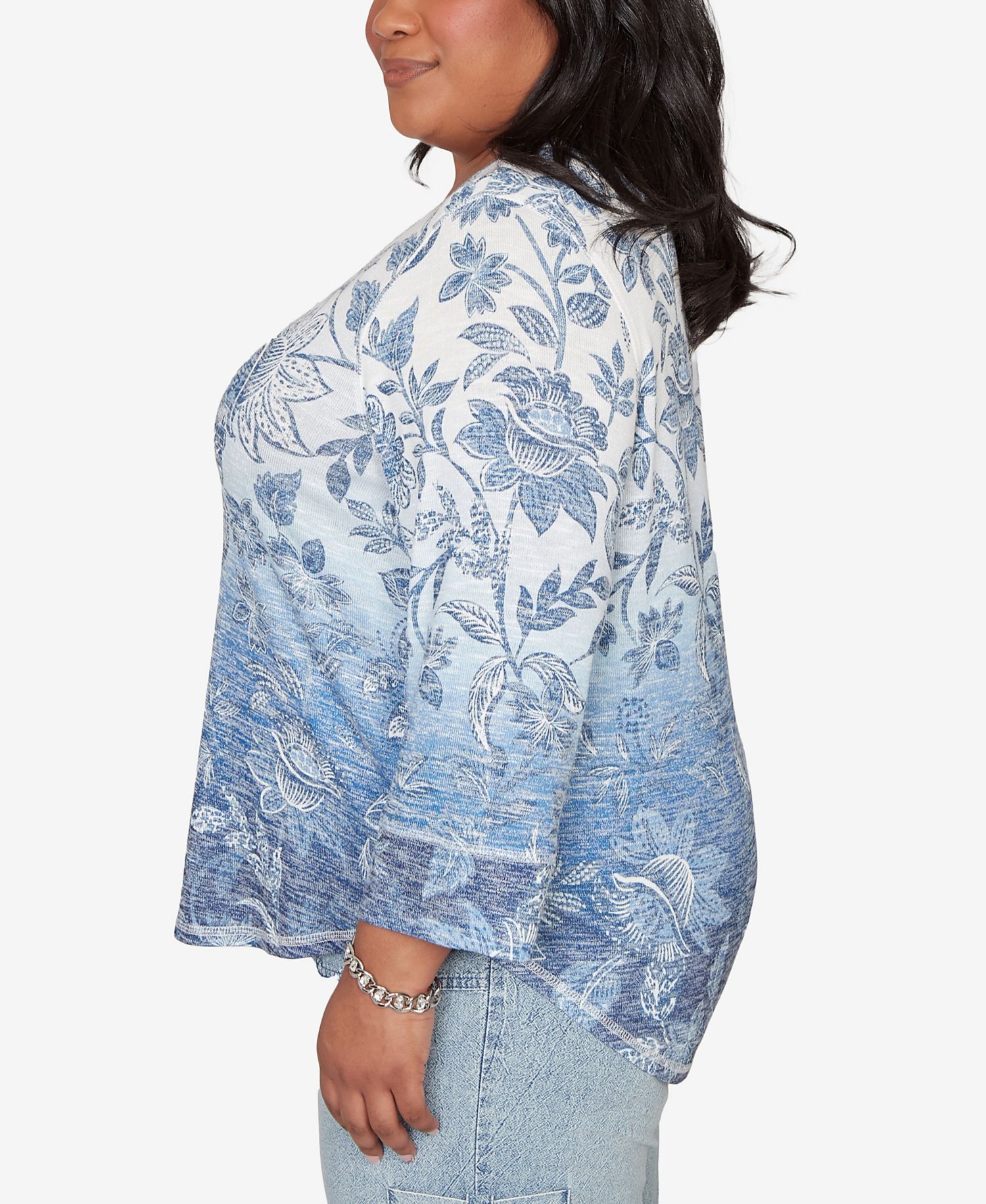 Plus Size Out of the Blue Ombre Batik Floral Henley Top