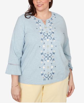 Plus Size Out of the Blue Center Scroll Embroidered Side Tie Top