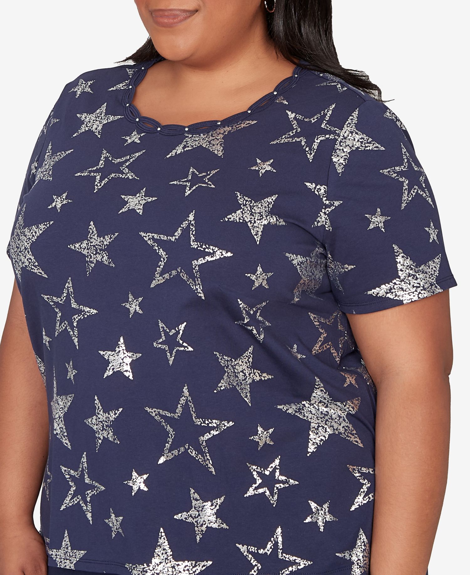 Plus Size Lady Liberty Sparkling Foil Stars Crewneck T-Shirt