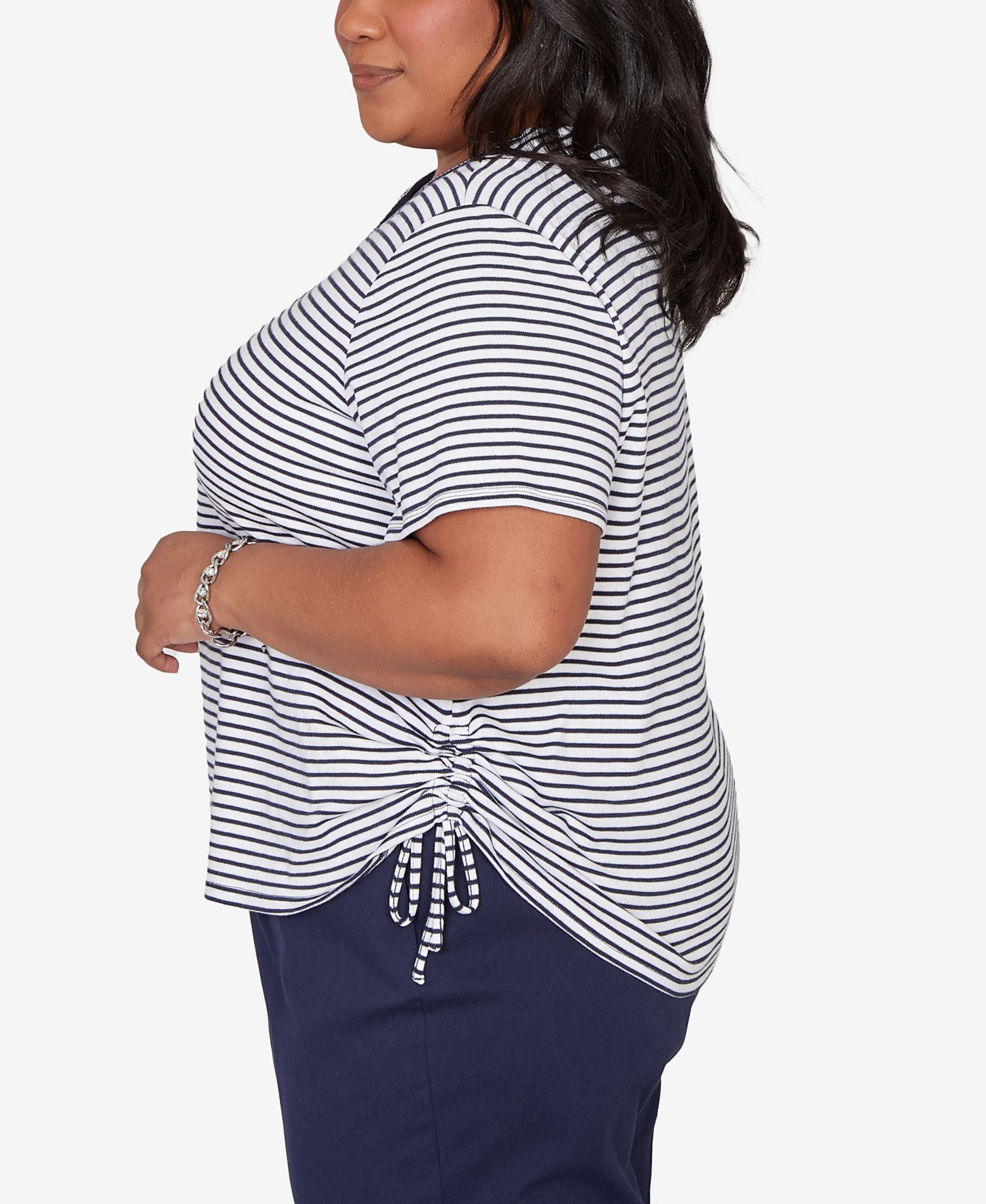 Plus Size Lady Liberty Embroidered Neck Striped Side Tie Top