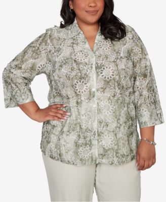 Plus Size Vintage Charm Tie Dye Monotone Floral Button-Front Top
