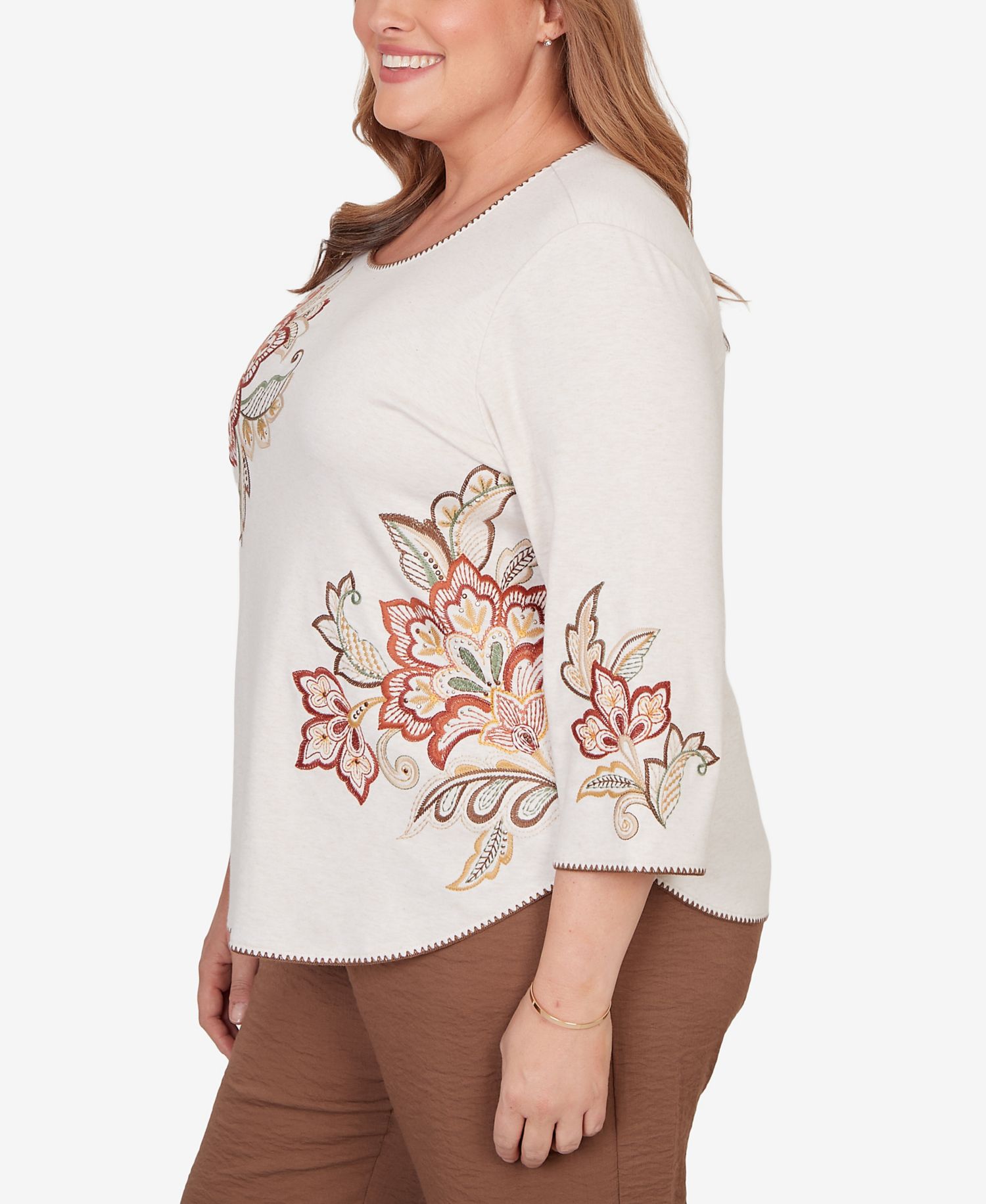 Plus Size Spice Market Asymmetrical Scroll Floral Round Hem Top