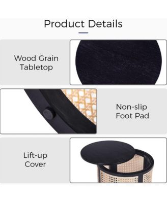 Round Solid Wood Nightstand, Hollow Woven Bedside Table, Compact Accent End Table for Living Room, Bedroom, Home Office