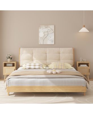 Oak Rattan Nightstand with Door and Open Shelf - Solid Wood Legs Accent End Table