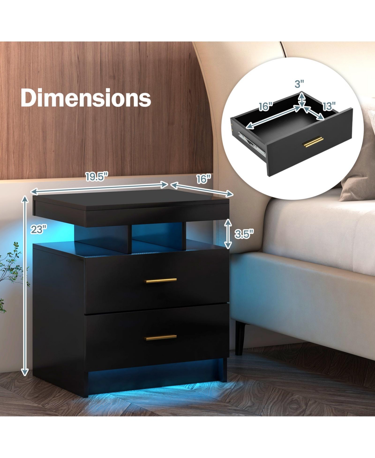 sumyeg Led Nightstand with 2 Storage Drawers for Bedroom