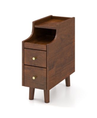 Solid Wood End Table Narrow Bedside Table with Pull-out Tray and 2 Storage Drawers