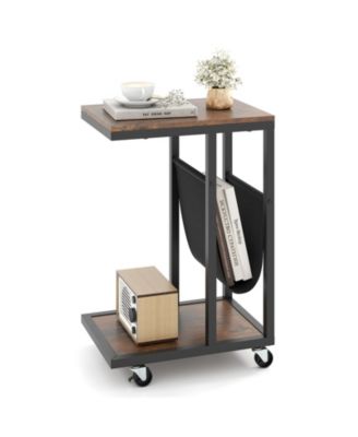 C-shaped Side Table with Canvas Storage Pouch and Metal Frame