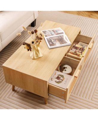 Rattan Coffee Table Mid Century Modern Center Table with 2 Storage Drawers