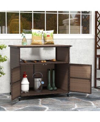 Outdoor Storage Cabinet with Acacia Wood Top and Lockable Wheels