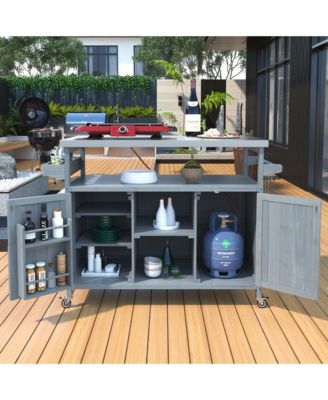 Outdoor Kitchen Island and Rolling Bar Cart, Farmhouse Solid Wood Grill Table with Stainless Steel Top, Spice Rack and Towel Rack