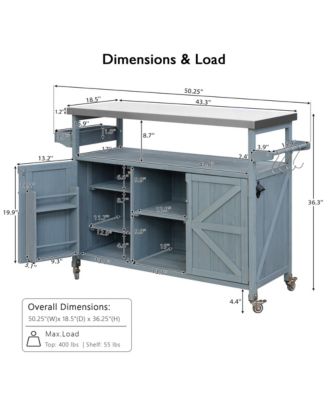 Outdoor Kitchen Island and Rolling Bar Cart, Farmhouse Solid Wood Grill Table with Stainless Steel Top, Spice Rack and Towel Rack