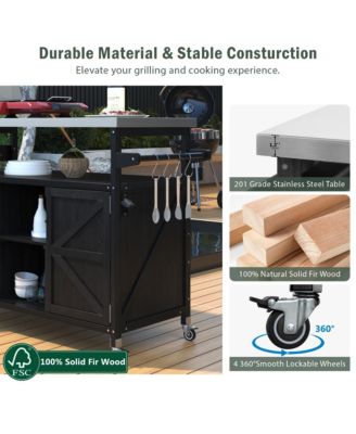 Outdoor Kitchen Island and Rolling Bar Cart, Farmhouse Solid Wood Grill Table with Stainless Steel Top, Spice Rack and Towel Rack