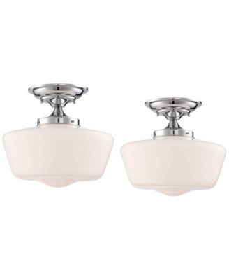 Schoolhouse Rustic Farmhouse Ceiling Light Semi Flush Mount Fixture Set of 2 Chrome Metal White Glass Shade for Bedroom