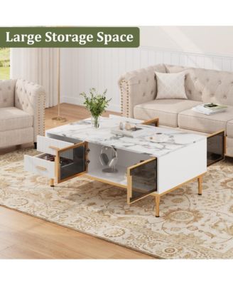 Modern Faux Marble Coffee Table with Storage, 4 Drawers, 2 Glass Doors, Fluted Design, Adjustable Legs