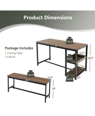 3PCS Rustic Kitchen Dining Set Includes Storage Rack w/ Rectangular Table and 2 Benches