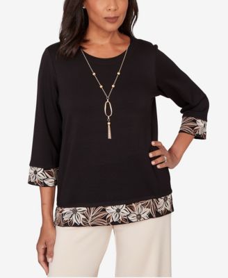 Women's Seville Bold Floral Border Trim Top with Necklace