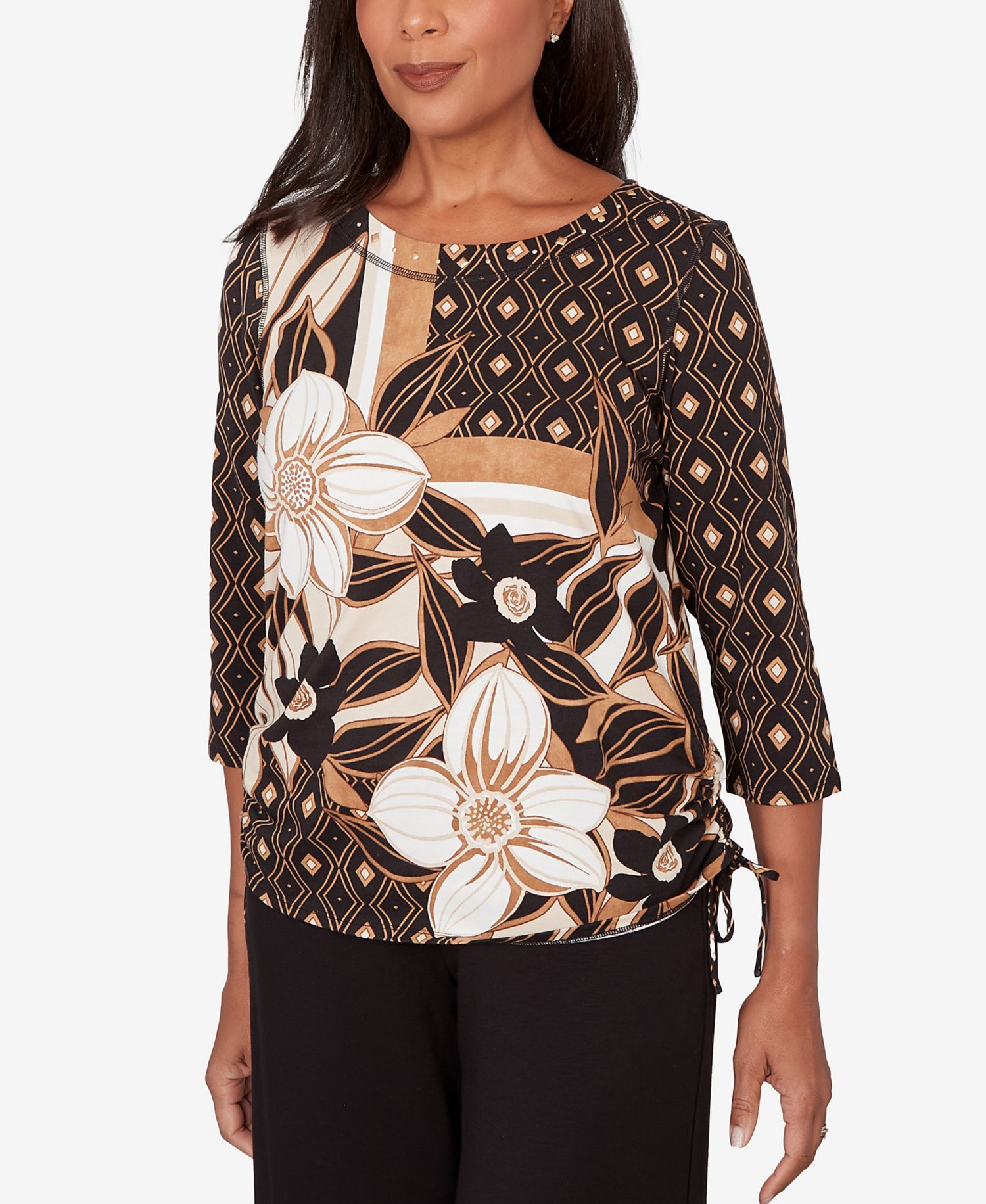 Women's Seville Floral Geometric Patchwork Side- Tie Crewneck Top