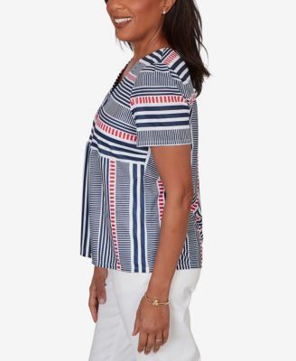 Women's Port Side Spliced Mixed Stripe Flutter-Sleeve Top