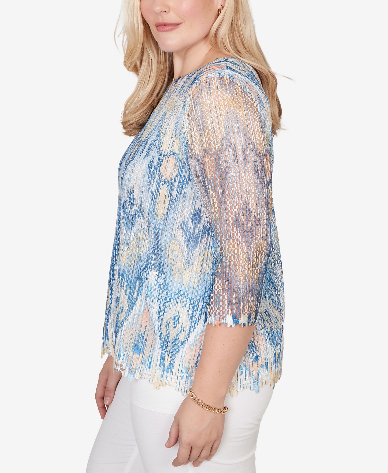 Women's Out of the Blue Dramatic Ikat Scallop Trim Crewneck Top
