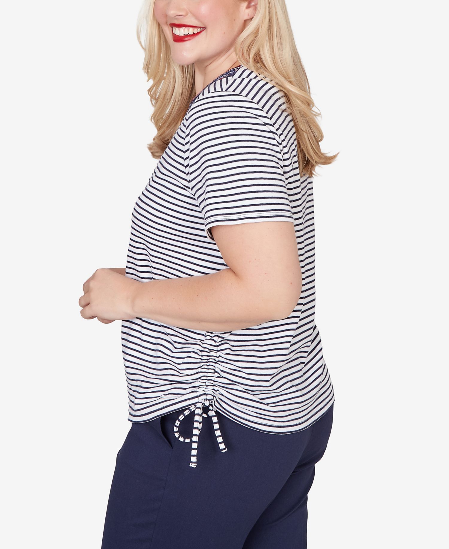 Women's Lady Liberty Embroidered Neck Striped Side Tie Top