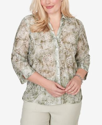 Women's Vintage Charm Tie Dye Monotone Floral Button-Front Top