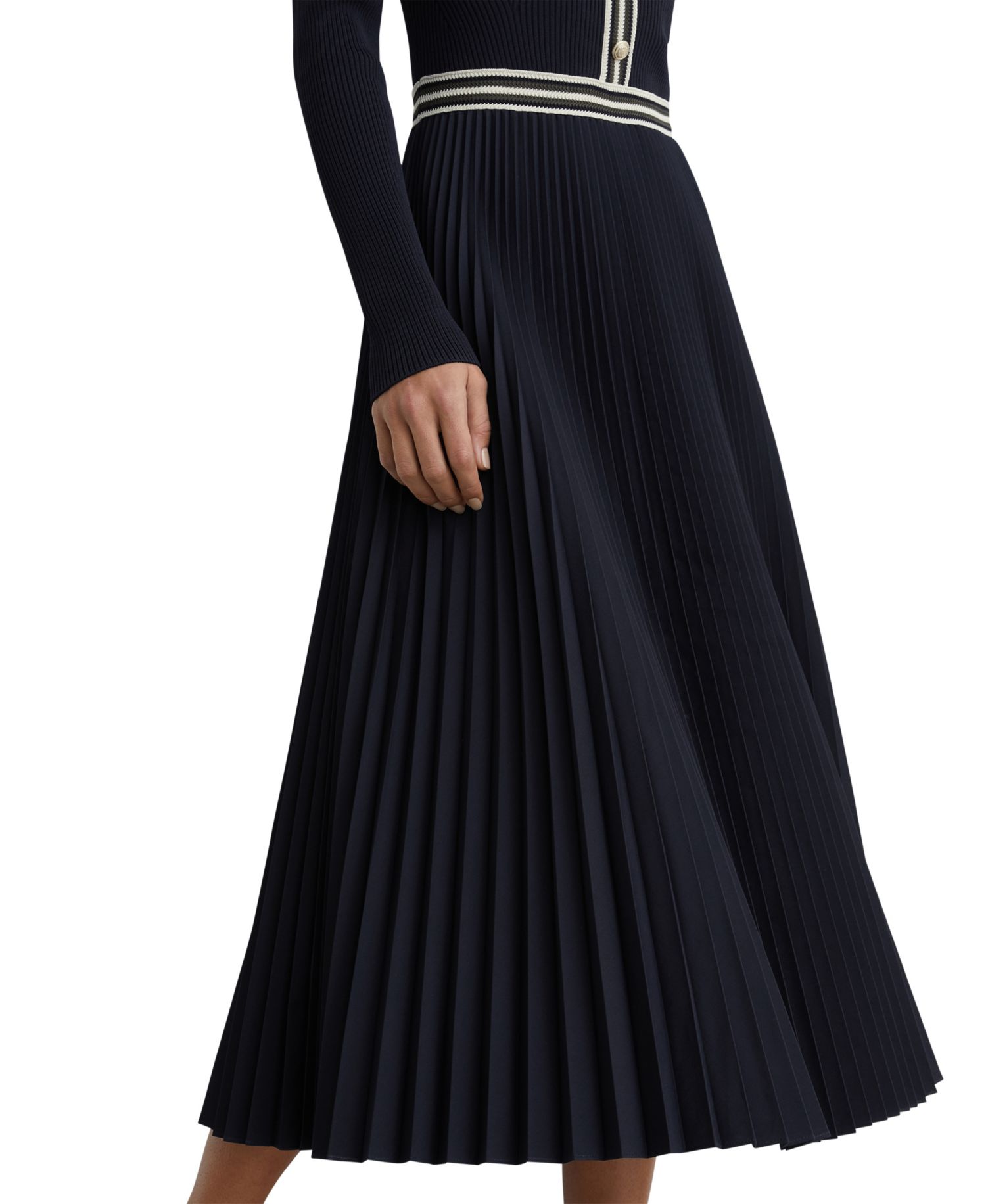 Women's Rib-Knit Stripe-Trim Pleated Midi Dress
