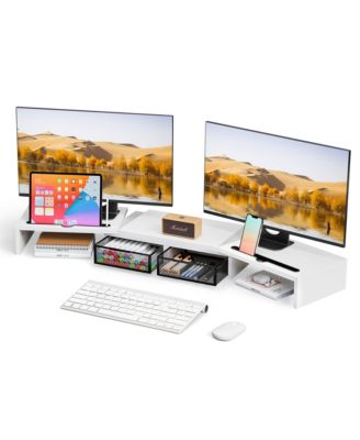 Dual Monitor Stand Riser With Drawer Smartphone Holder Wooden Desk Organizer Adjustable Workspace Computer 2 drawers